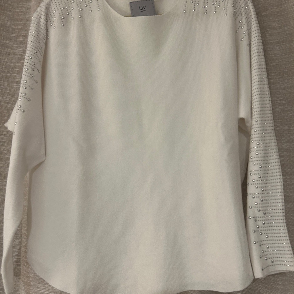 LIV Women's White Sweater with Embellished Sleeves